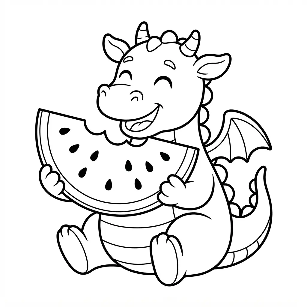 Happy dragon sitting with a large watermelon slice held between its front claws.