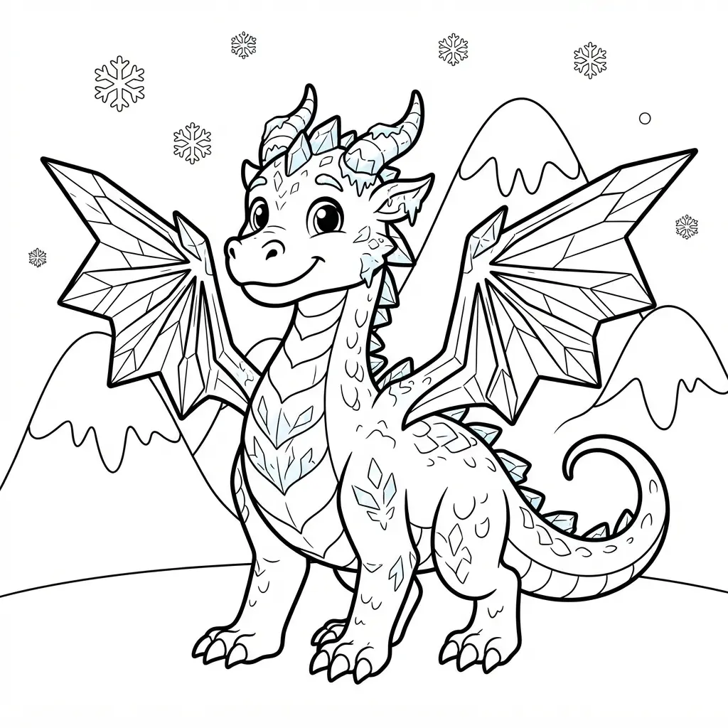 Frosty ice dragon with icy wings standing before snowy frozen peaks and falling snow.