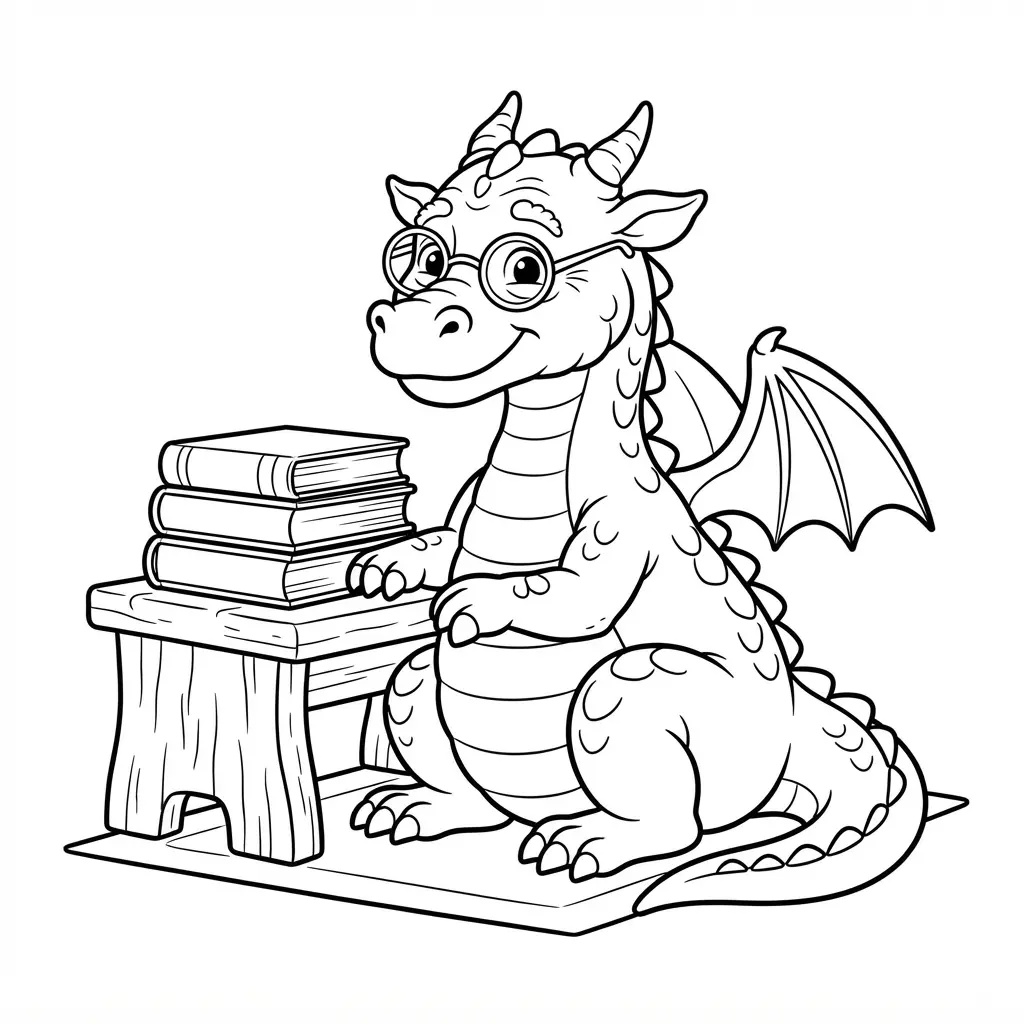 Wise old dragon wearing round glasses beside a stack of books and a wooden desk.