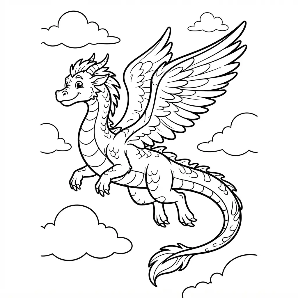 Majestic winged dragon flying above layered clouds in clear printable line art for dragon coloring pages.