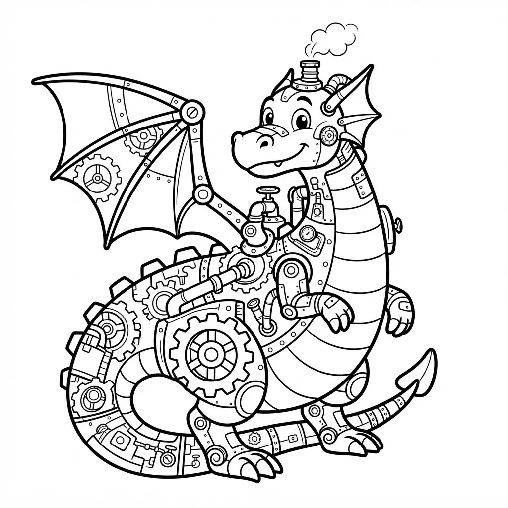 Steampunk dragon covered with gears, pipes, rivets, and mechanical shapes in a detailed sketch.