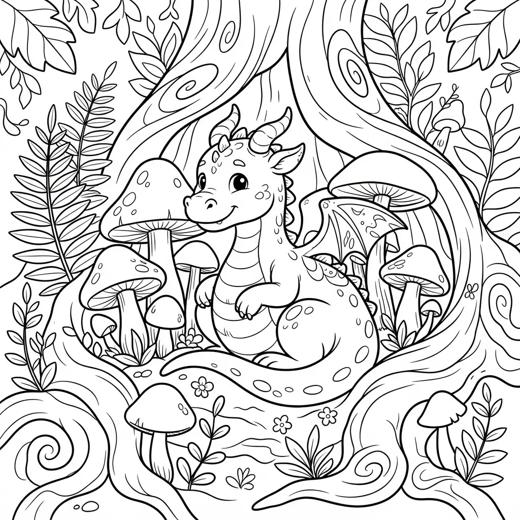 Forest guardian dragon surrounded by mushrooms, ferns, tree roots, and woodland plants.