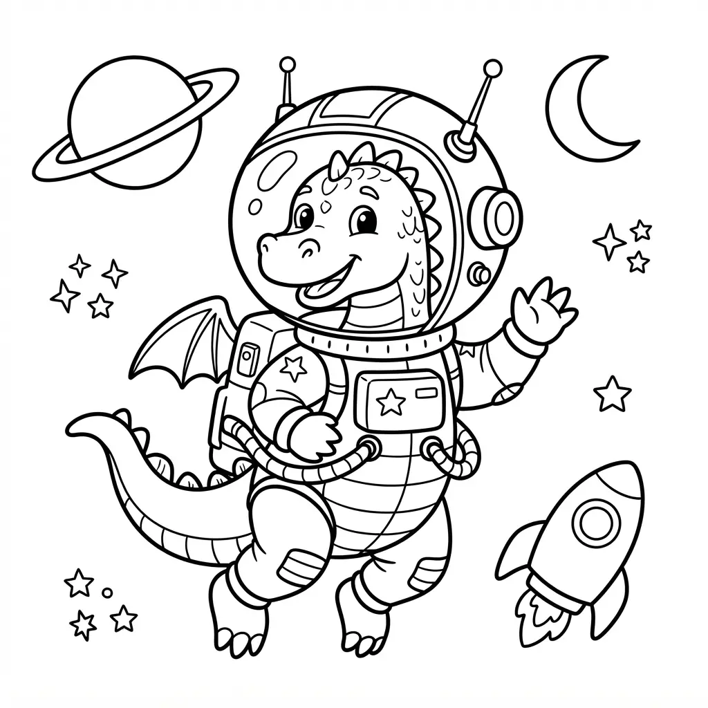 Space explorer dragon wearing an astronaut helmet with planets, stars, and a small rocket nearby.