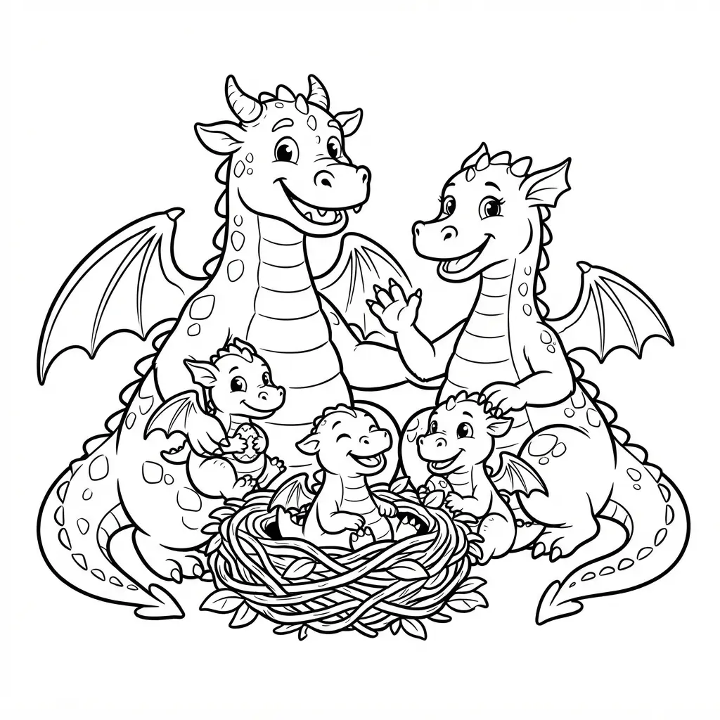 Dragon family group portrait with two adults and three hatchlings gathered beside a nest.