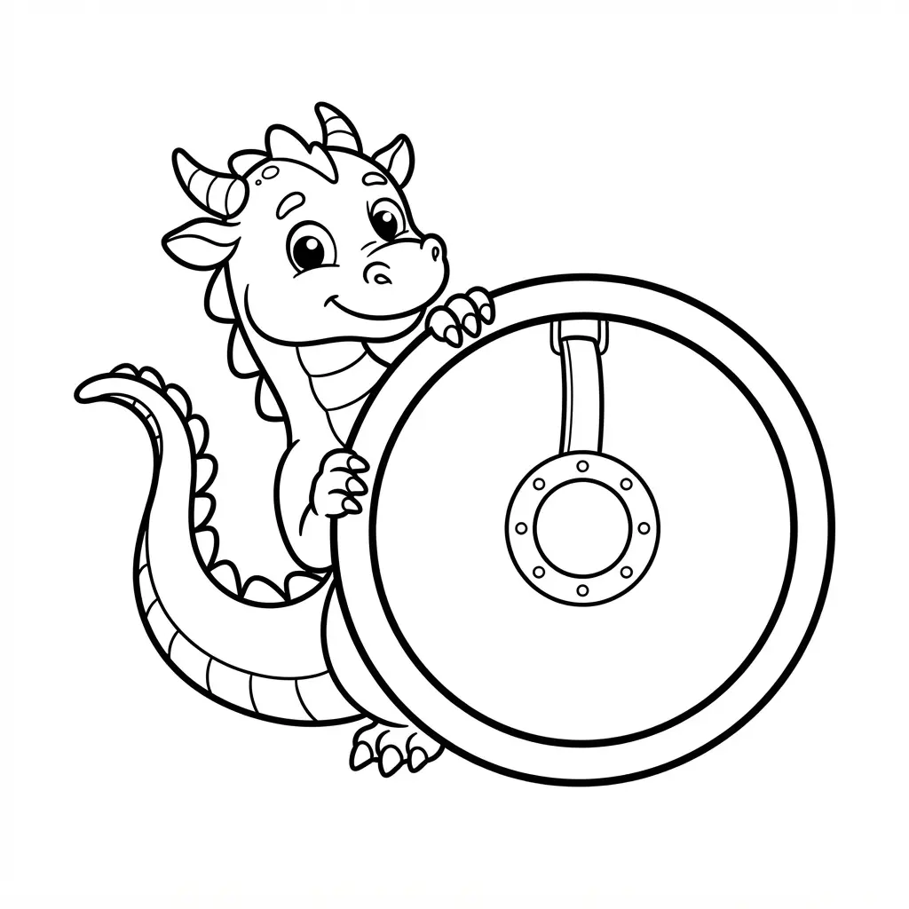 Curious dragon peeking behind a round shield with wide eyes, claws, and a curled tail.