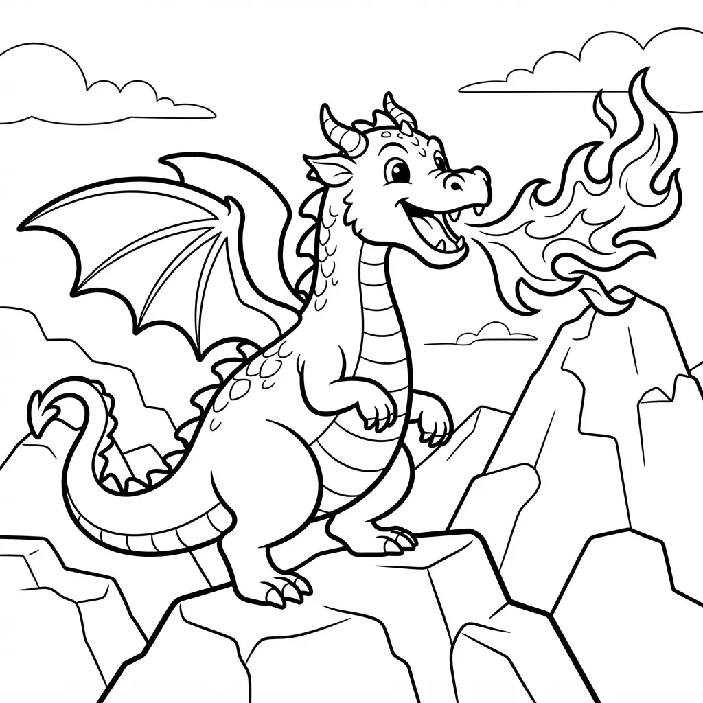 Fierce mountain dragon breathing flames beside rocky peaks in printable black outline dragon coloring pages.