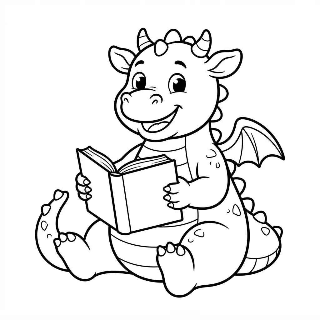 Whimsical cartoon dragon seated with an open book and round shapes in dragon coloring pages.