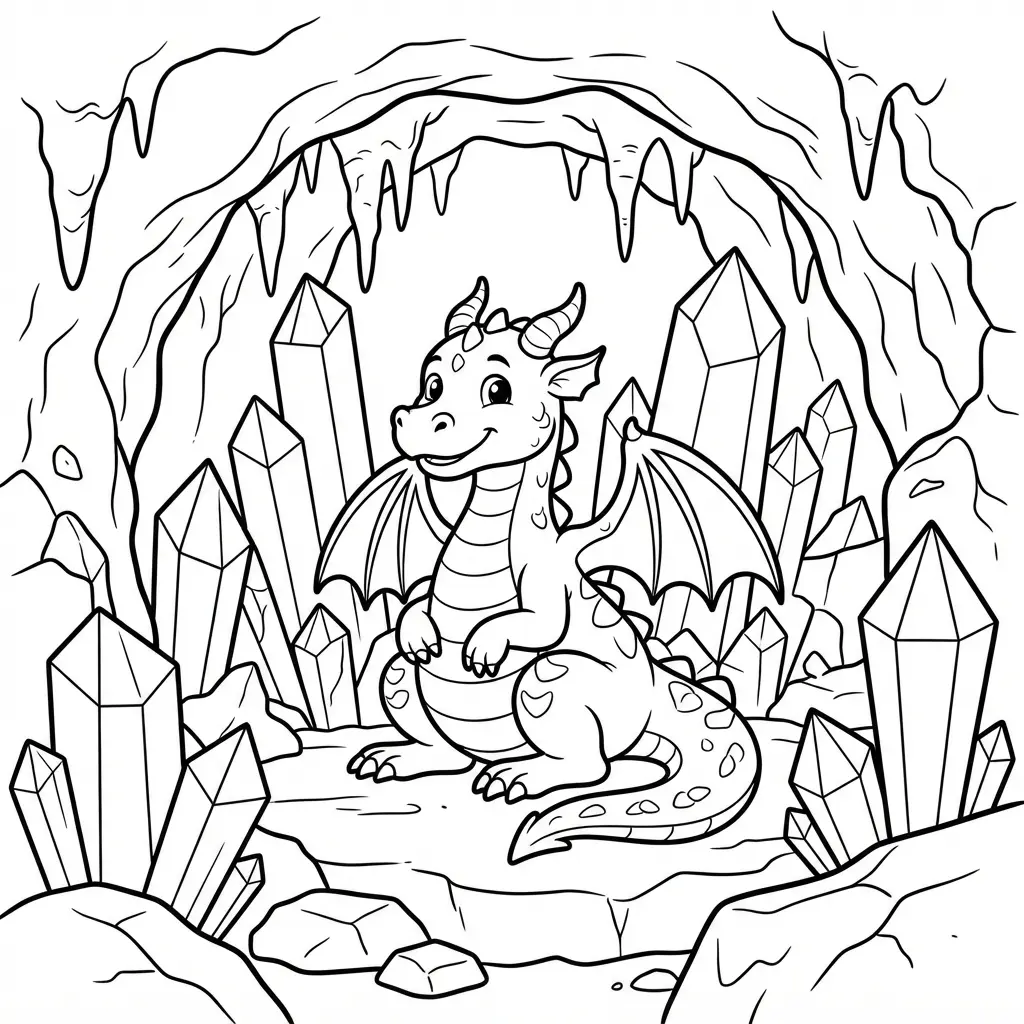 Fantasy dragon surrounded by tall crystals inside a cave with detailed printable lines for dragon coloring pages.