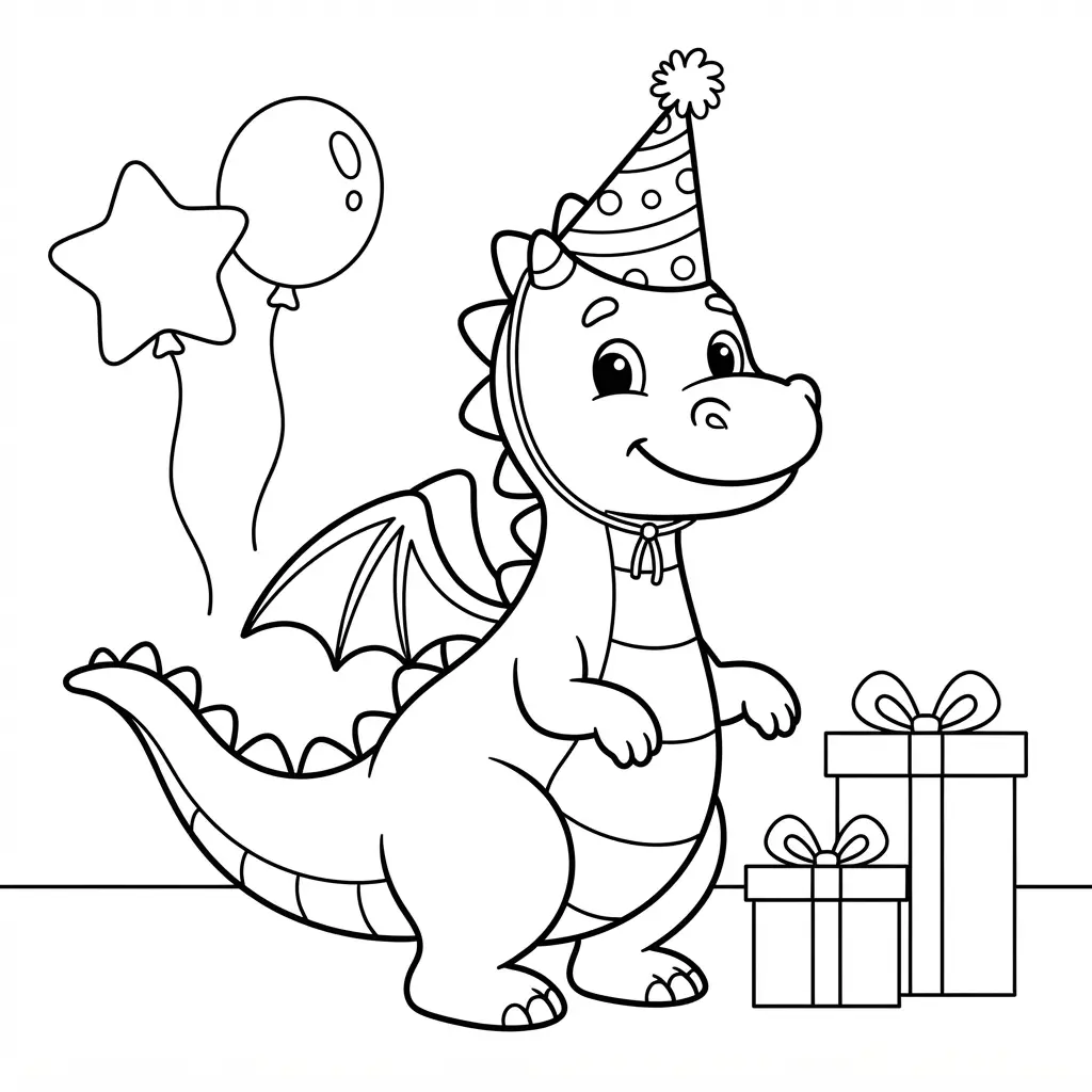 Friendly dragon wearing a pointed party hat beside balloons and presents in dragon coloring pages.