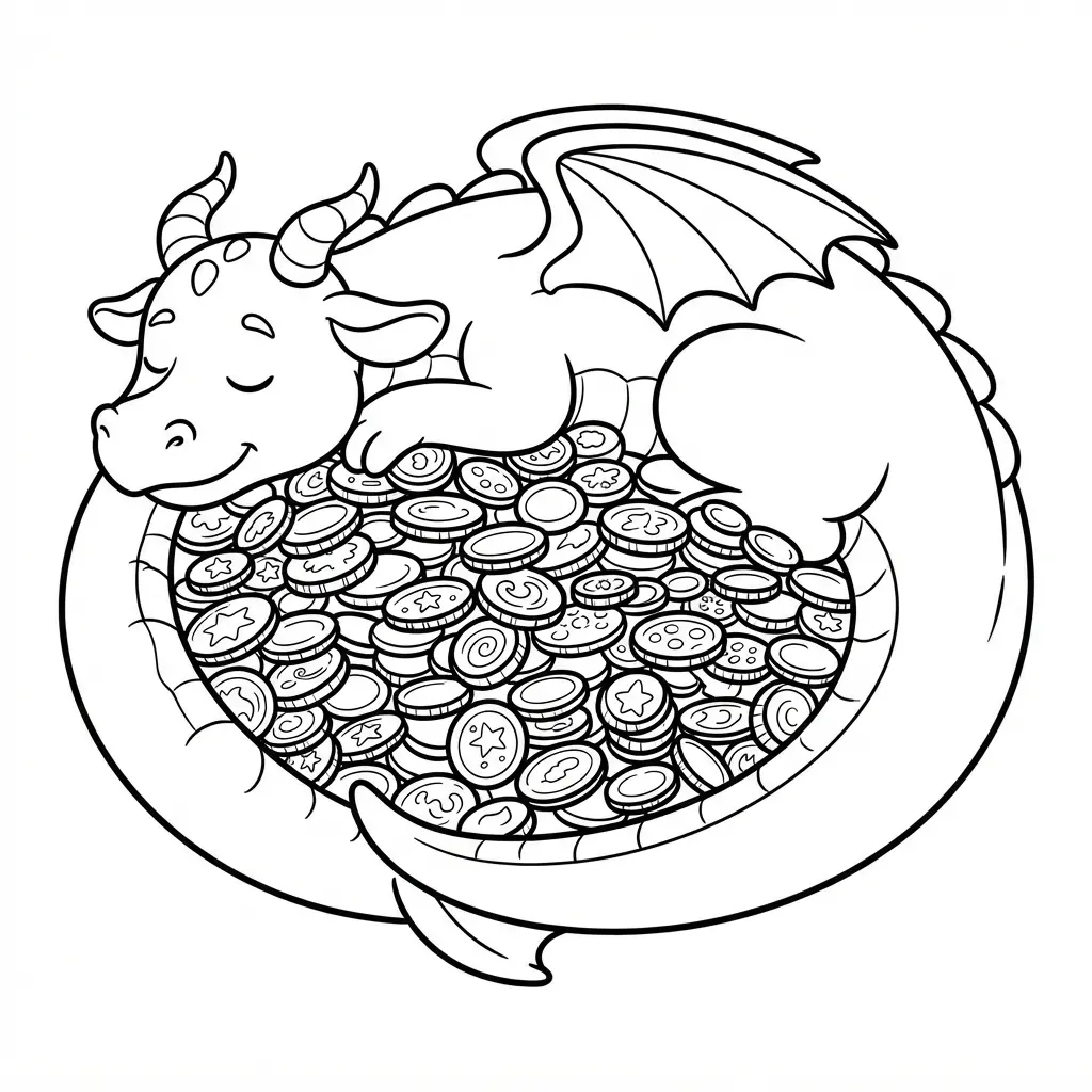 Sleeping dragon curled around stacked gold coins inside a treasure room for dragon coloring pages.