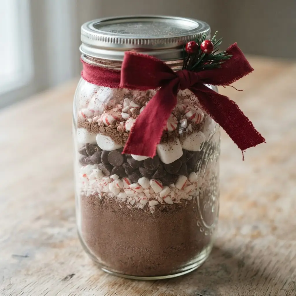 Easy Handmade Christmas Gift Ideas featuring layered cocoa mix, peppermint pieces, and red ribbon inside a clear jar.