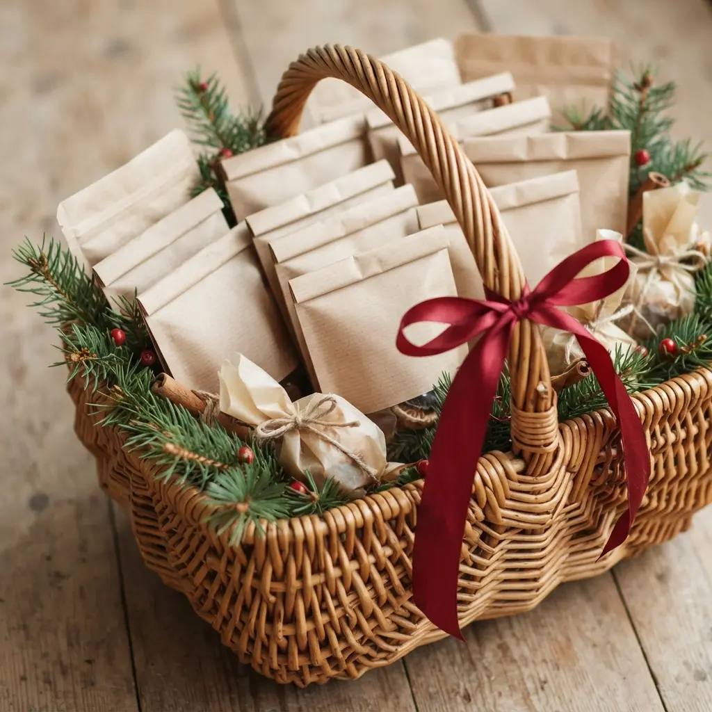 Easy Handmade Christmas Gift Ideas featuring a woven basket filled with tea packets, biscuits, red ribbon, and pine branches.