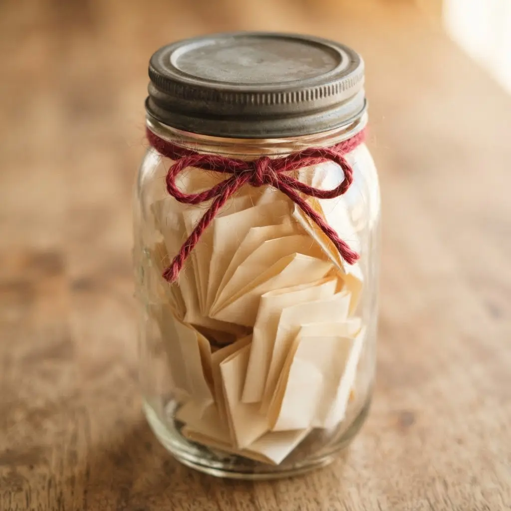 Glass keepsake jar filled with folded memory notes, a kraft paper label, and red twine on a table.