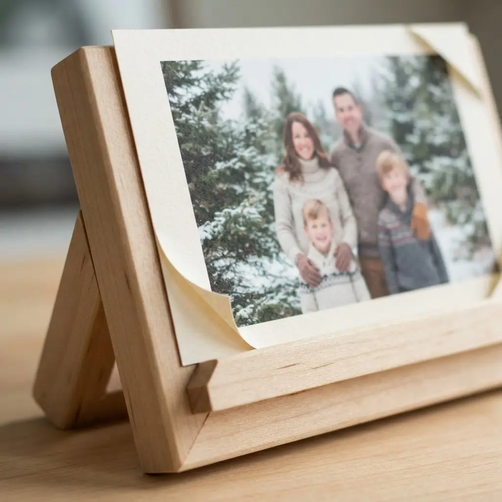 Easy Handmade Christmas Gift Ideas showing a family photo calendar on a wood stand beside a small evergreen branch.