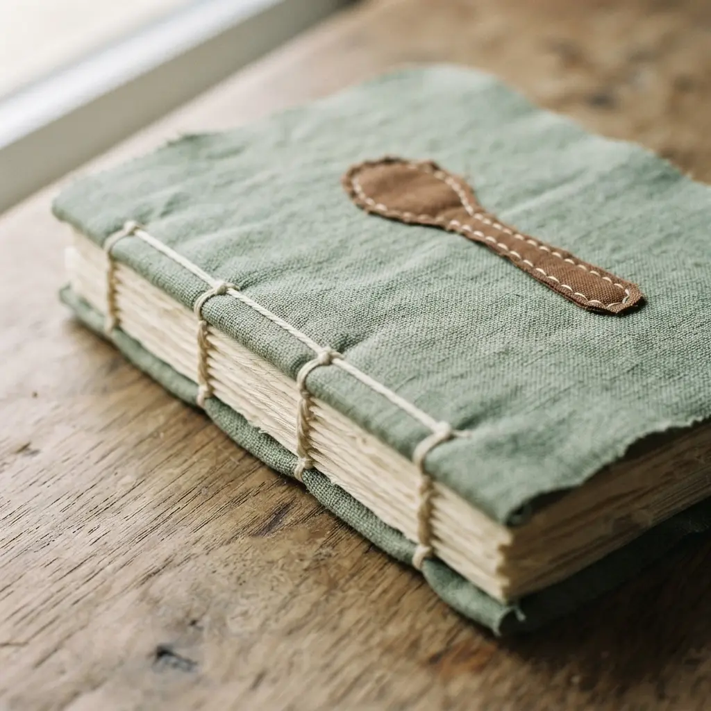 Handmade Christmas gift featuring a fabric-covered recipe notebook with stitched binding, recipe cards, and a pencil.