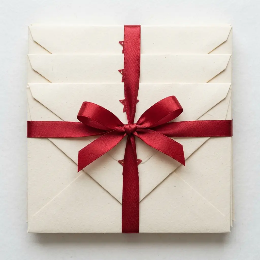 Seven cream envelopes labeled with Open When messages, tied with red ribbon beside a blank note card.