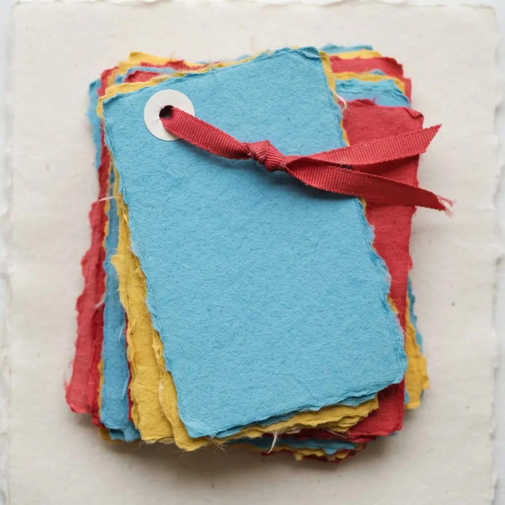 Small service coupon book with colorful paper cards, handwritten text, a punched corner, and a red ribbon.