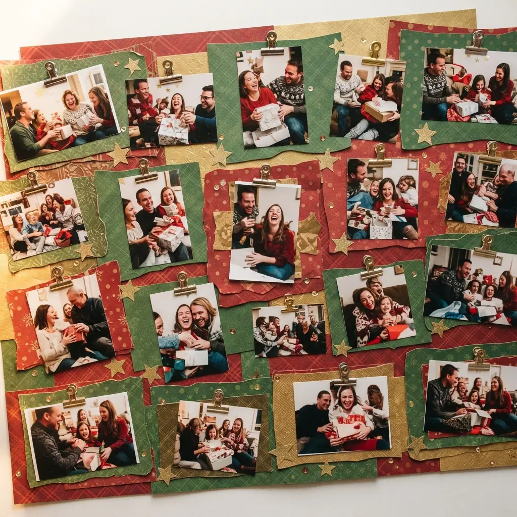 Cardstock memory board with clipped family photos, patterned paper borders, gold stars, and a wooden frame.
