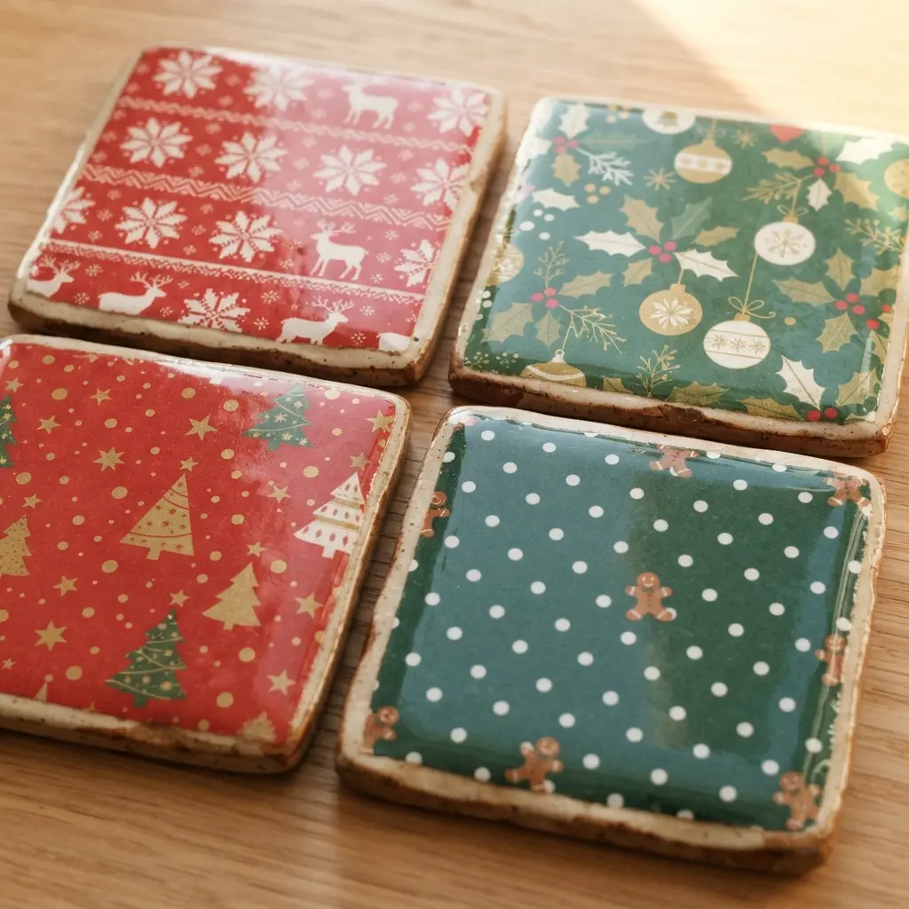 Four ceramic coasters with red and evergreen scrapbook paper patterns arranged on a linen cloth.
