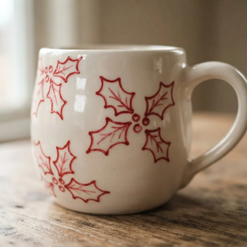 White ceramic mug with a hand-lettered Christmas quote in red porcelain marker beside evergreen sprigs.