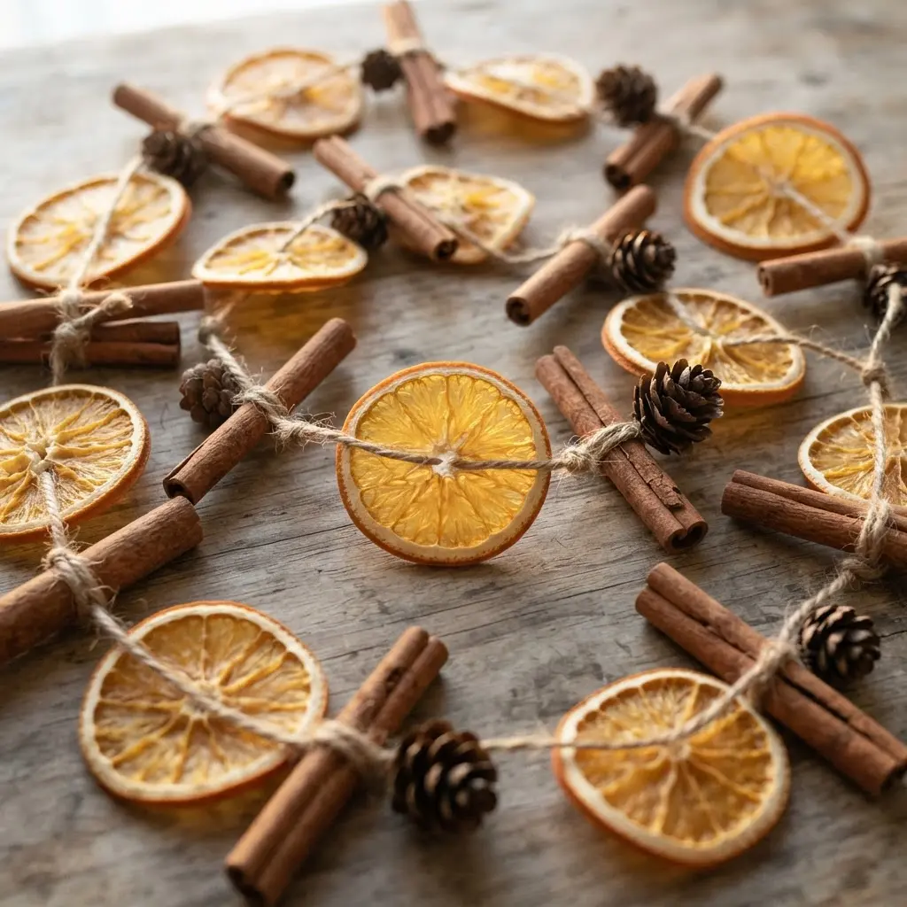 Dried orange slices and cinnamon sticks strung on twine across a rustic mantel with evergreen branches.