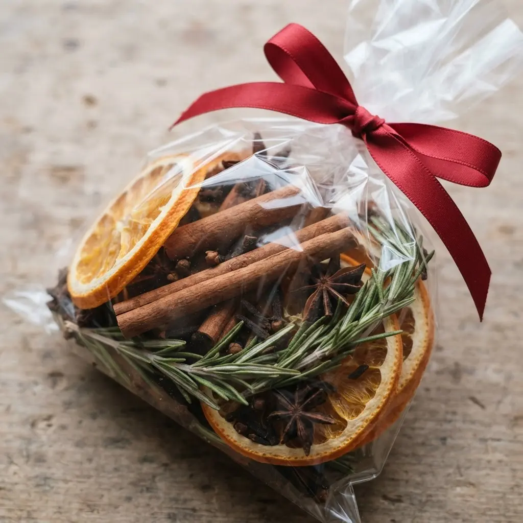 Easy Handmade Christmas Gift Ideas featuring a clear cellophane bag of dried oranges, cinnamon sticks, cloves, and rosemary.