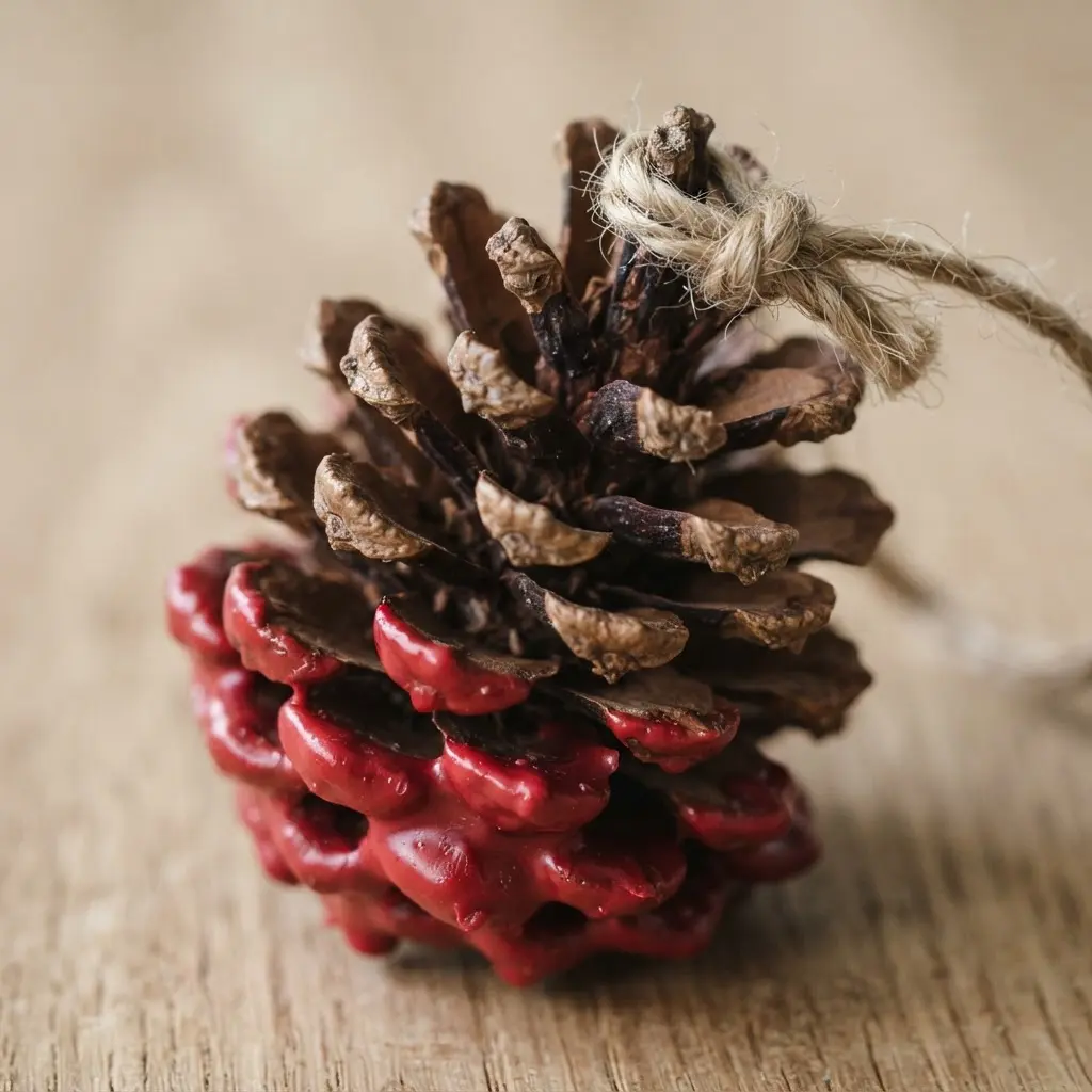 Pinecone fire starters coated in red wax and arranged with twine on kraft paper beside evergreen sprigs.