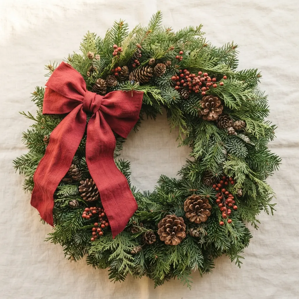 Easy Handmade Christmas Gift Ideas showing a round winter greenery wreath with red fabric ribbon, pinecones, and berries.