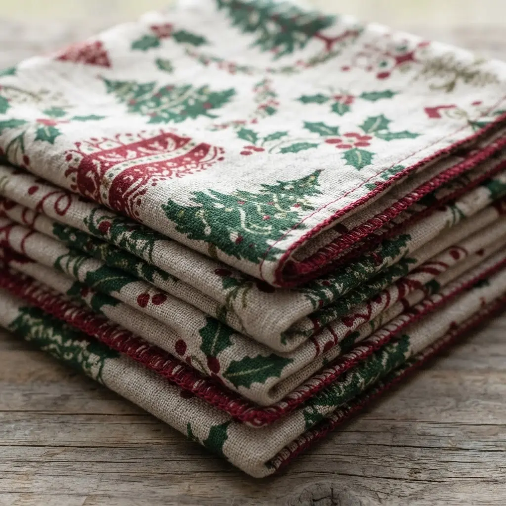 Four neatly hemmed fabric napkins with red and green holiday patterns folded beside white plates.