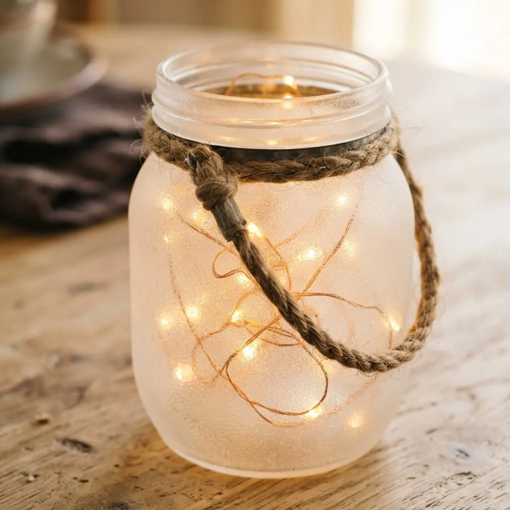 Easy Handmade Christmas Gift Ideas featuring a frosted mason jar lantern glowing with warm fairy lights and jute twine.