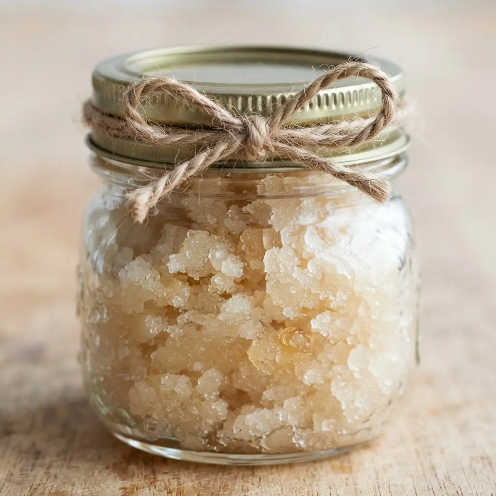 Easy Handmade Christmas Gift Ideas showing pale sugar scrub in a lidded glass jar with citrus slices and twine.