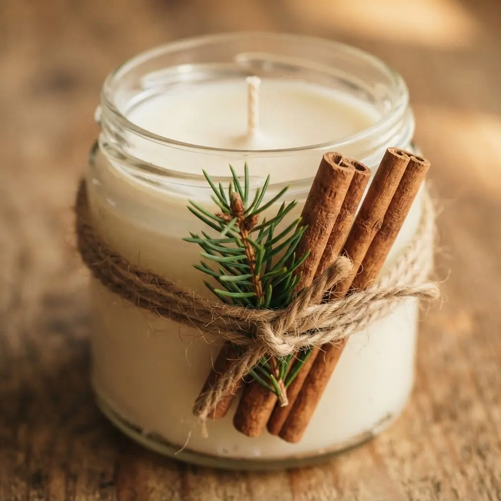 Cream soy candle surrounded by cinnamon sticks and tied with natural twine on a wooden table.