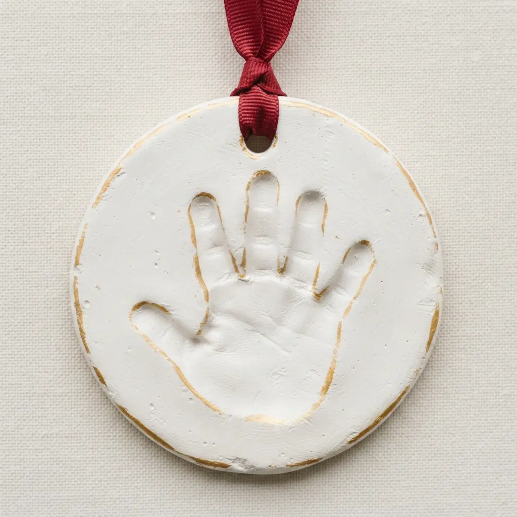 Easy Handmade Christmas Gift Ideas featuring a white salt dough handprint ornament with red ribbon and gold accents.