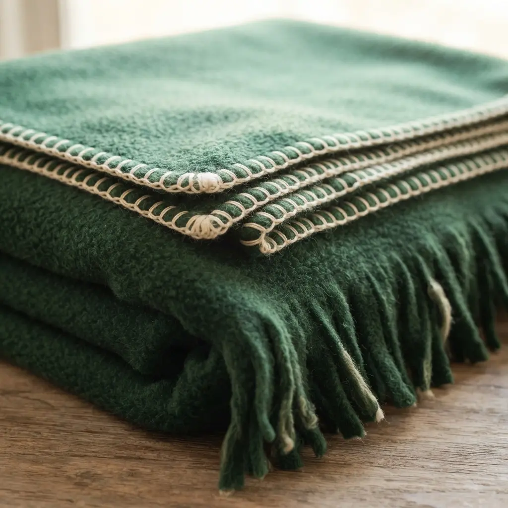 Soft evergreen fleece blanket folded in a basket with visible fringe edges and a cream winter label.