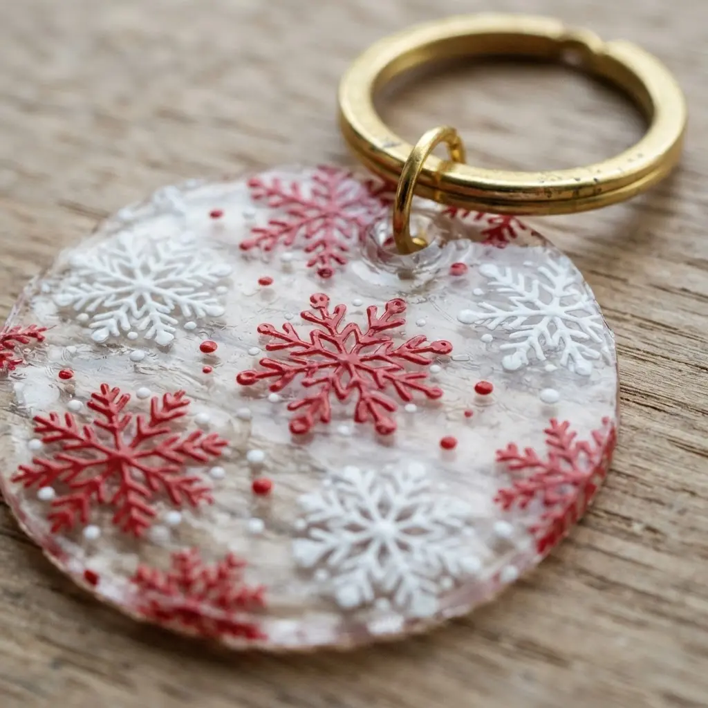 Clear shrink plastic keychain with a red initial, white snowflakes, and a gold ring on a pine surface.