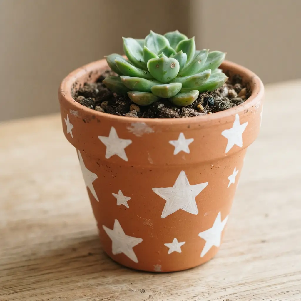 Easy Handmade Christmas Gift Ideas showing a terracotta pot painted red and white with a small succulent inside.