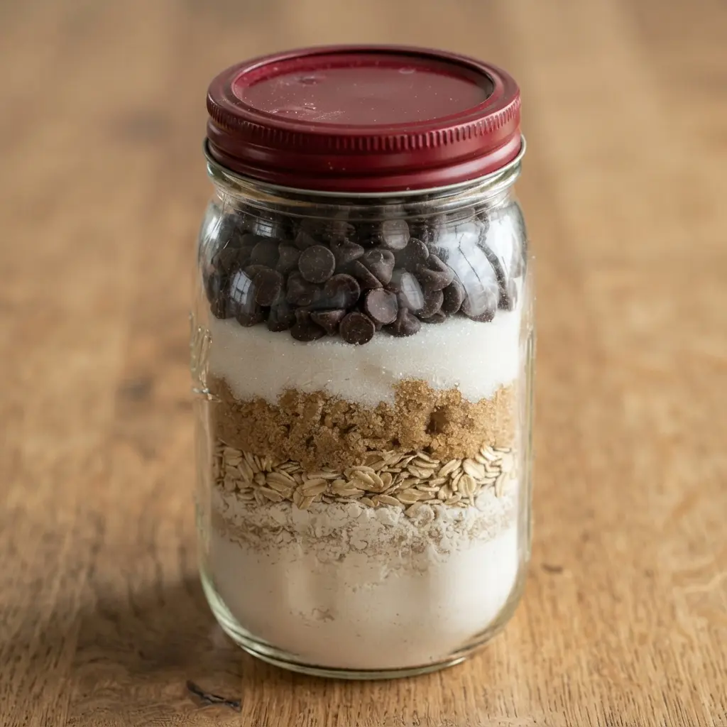 Clear mason jar filled with visible cookie mix layers, a red lid, and a handwritten recipe tag.