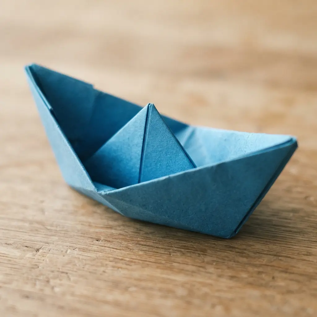 A blue paper boat sits on a tidy desk, showing crisp folds in an easy origami project.