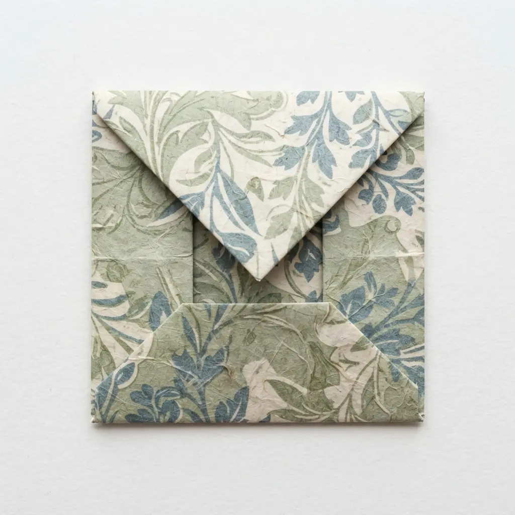 A patterned paper envelope holds a small note, with a pointed flap and clean square edges.