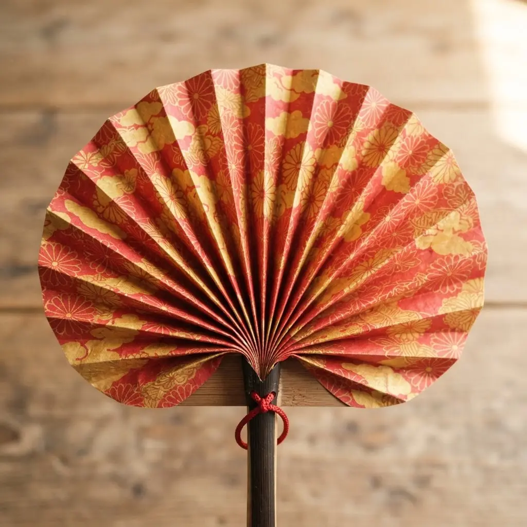 A red and yellow accordion paper fan opens by hand, showing even pleats in an easy origami project.
