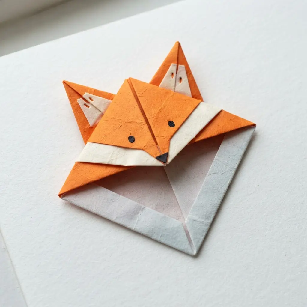 An orange paper fox bookmark rests on a closed book with pointed ears and clean folded edges.
