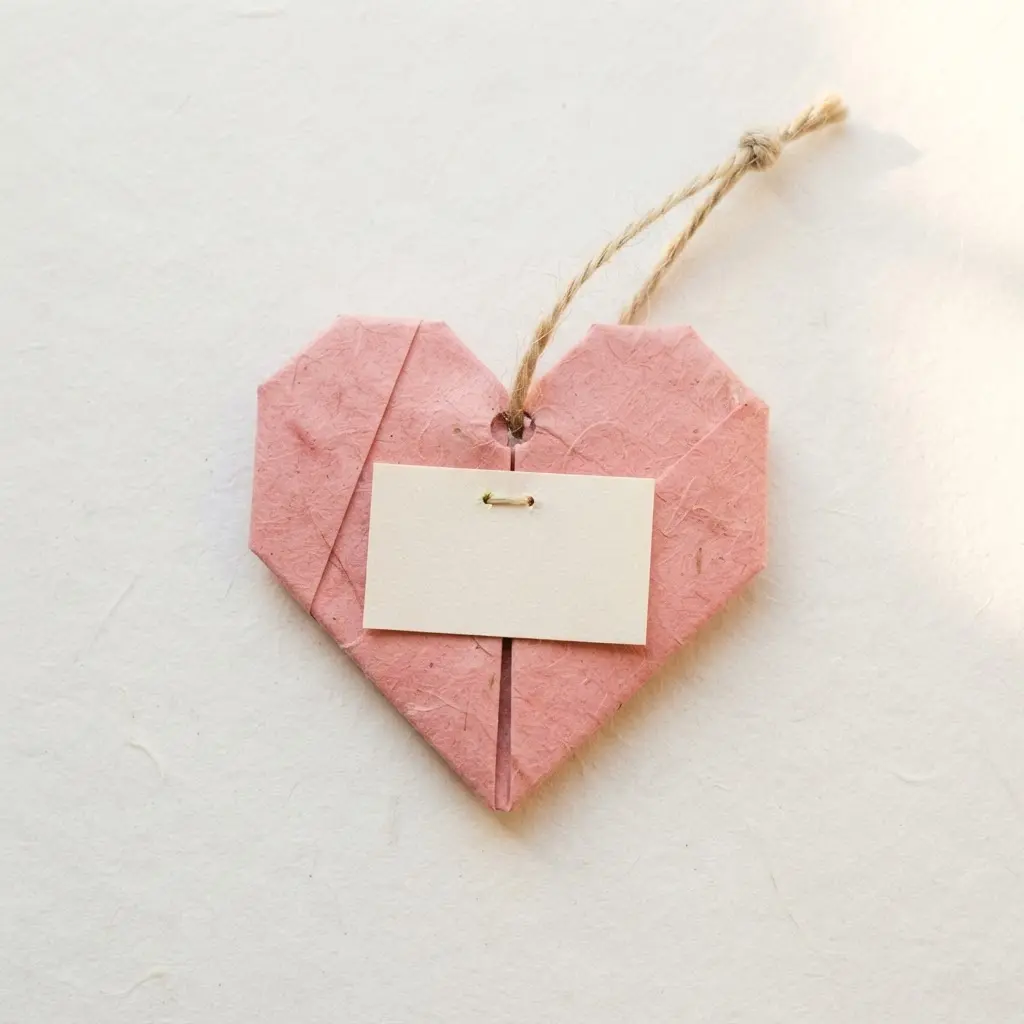 A pink paper heart gift tag lies beside a wrapped present with neat folds and a short cord.