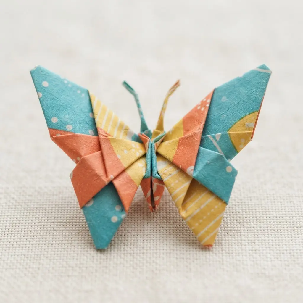 A colorful paper butterfly sits on a pale wall, showing raised wings in an easy origami project.
