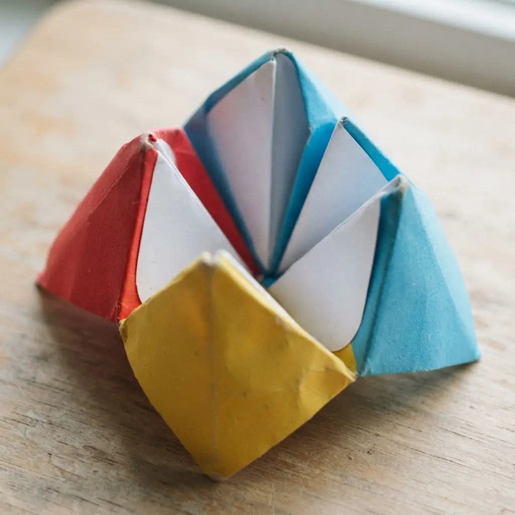 A four-color paper fortune teller rests open on a table with visible numbers and folded flaps.