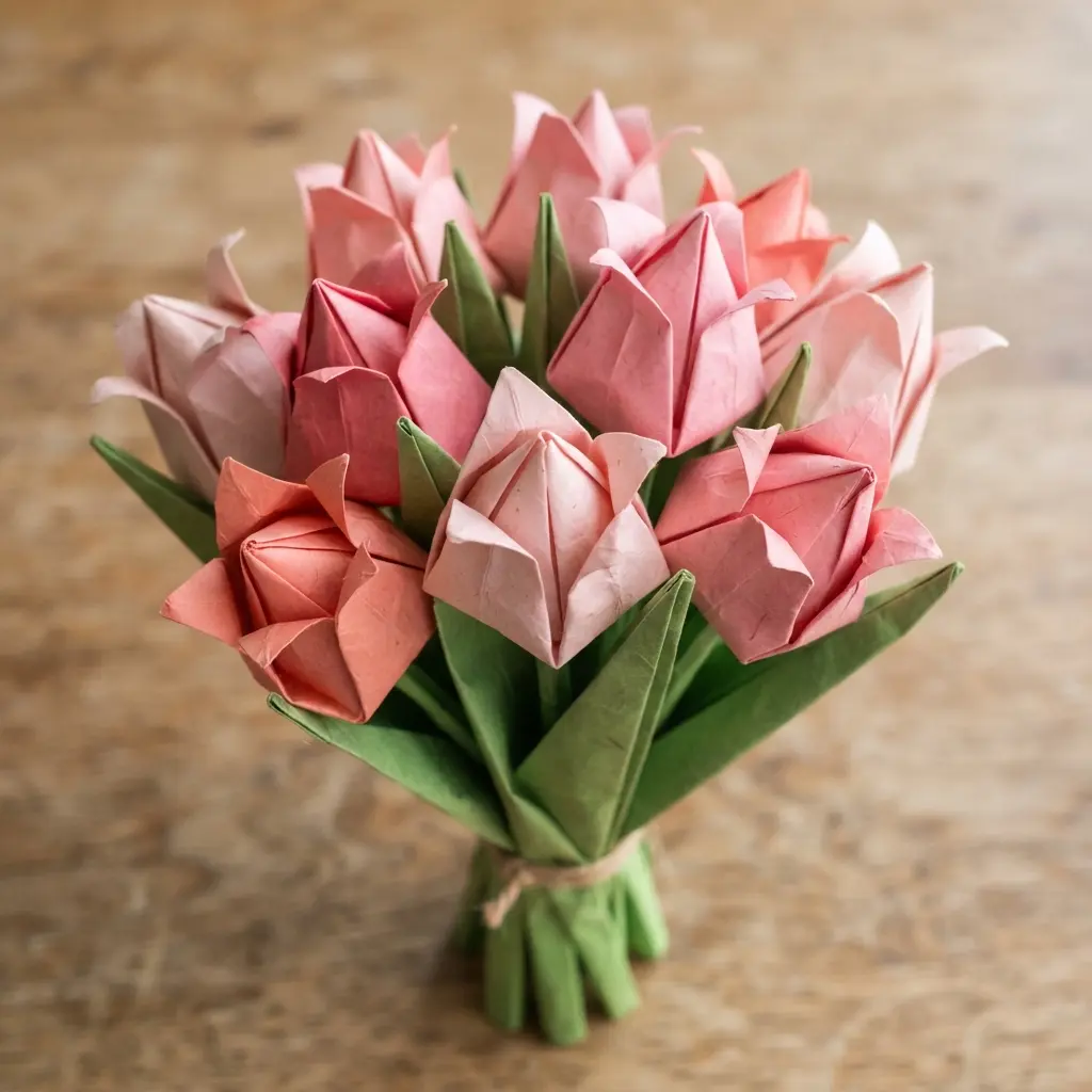 A pink paper tulip bouquet stands in a small cup, showing green stems in an easy origami project.