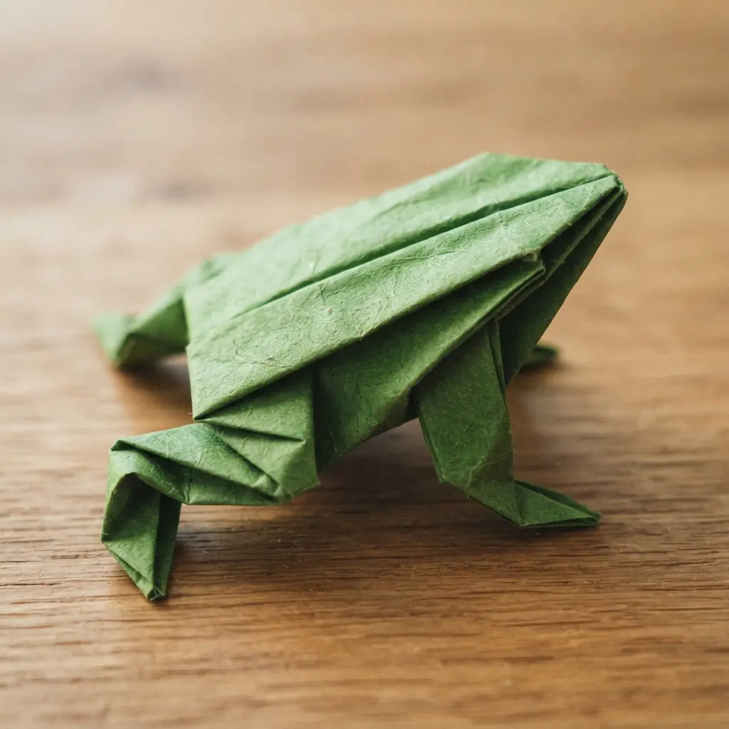 A green paper frog toy sits on a tabletop with folded legs and a raised back ready to spring.