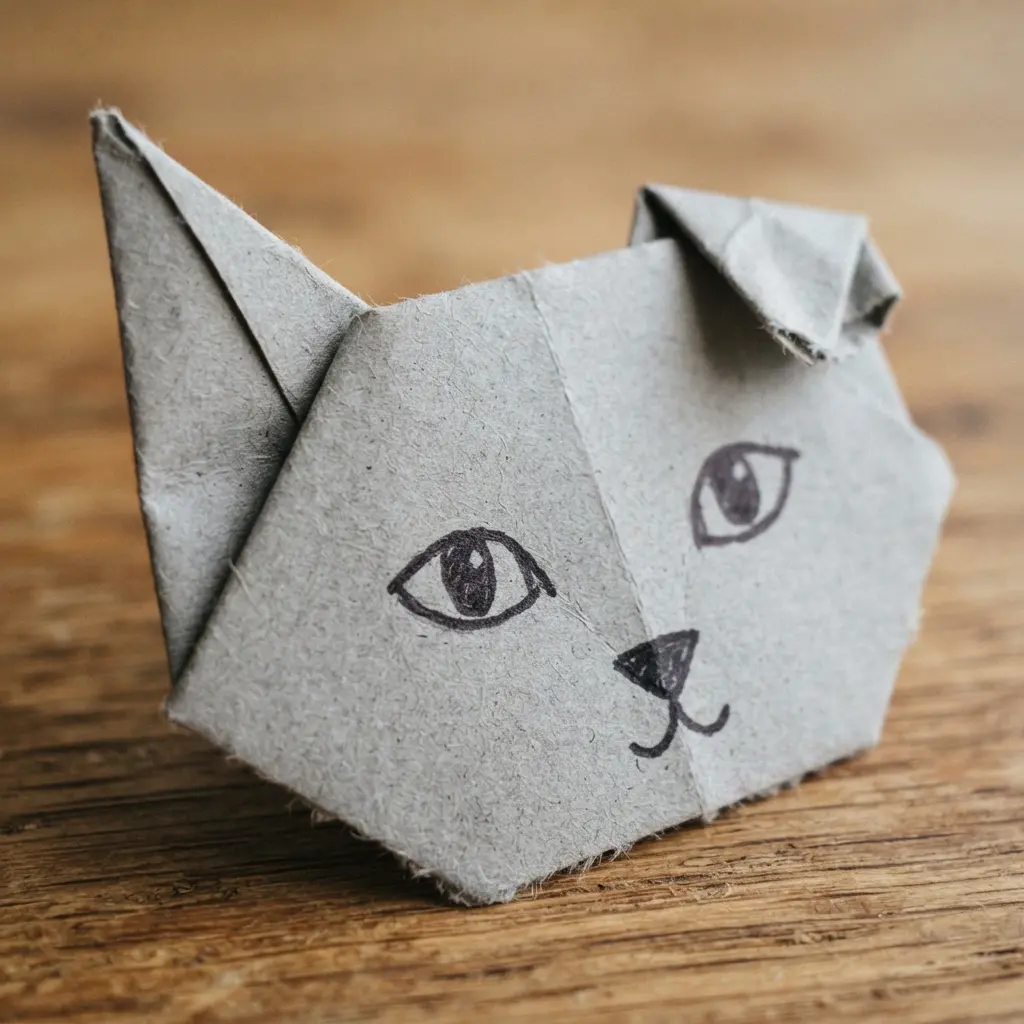 A gray paper cat face shows marker eyes and pointed ears in an easy origami project.