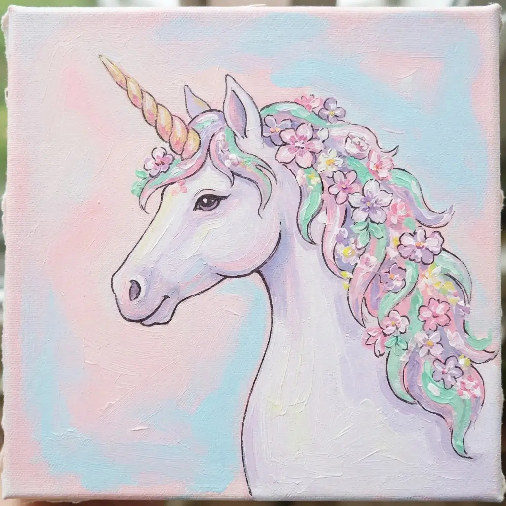 Pastel profile unicorn painting with a floral mane, soft acrylic colors, and clean beginner-friendly outlines.