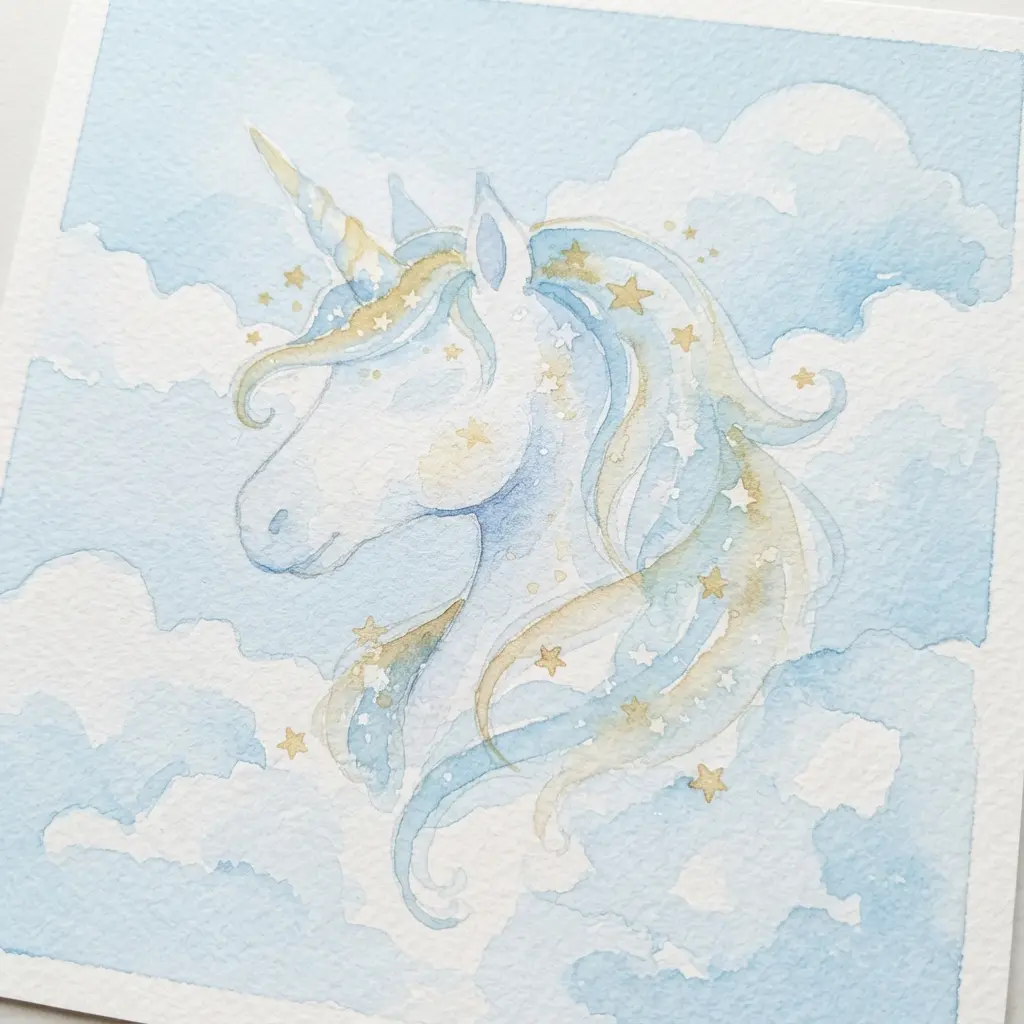 Floating unicorn head above white clouds with small stars, painted in soft watercolor washes.