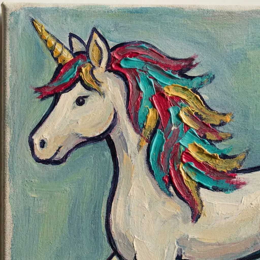 Easy unicorn painting ideas featuring a side-profile unicorn with a bold rainbow mane and dark outline.